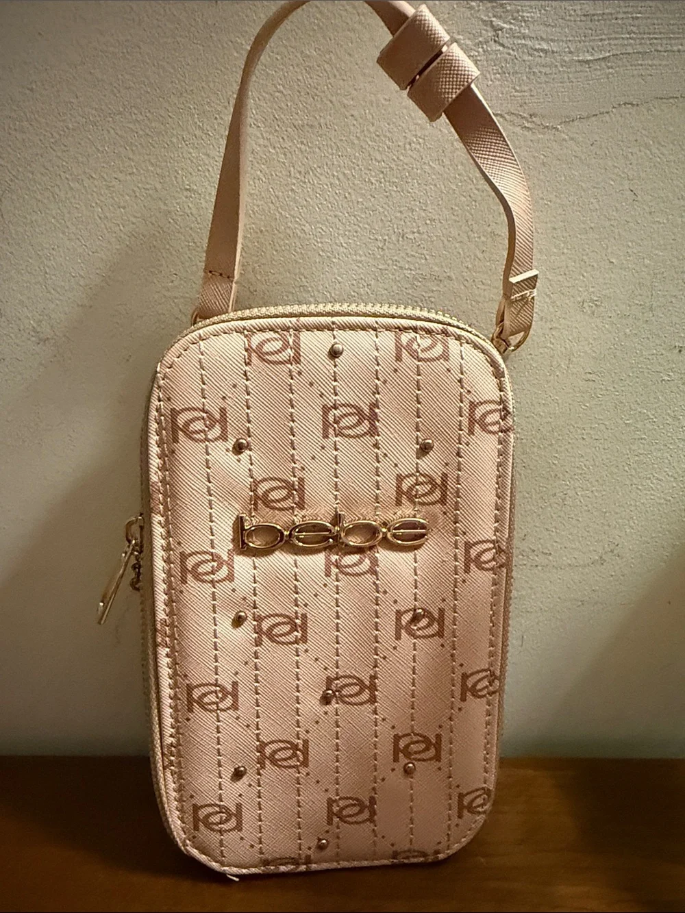 ebe Cream Monogram Metro Phone Crossbody Pouch with Gold Logo
